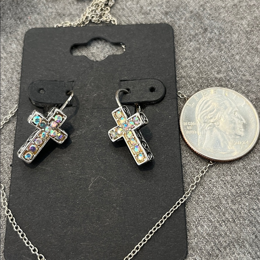 🌻3/$15 Silvertone Religious Pendant & AB Crystal Cross Earring Set - Picture 3 of 4